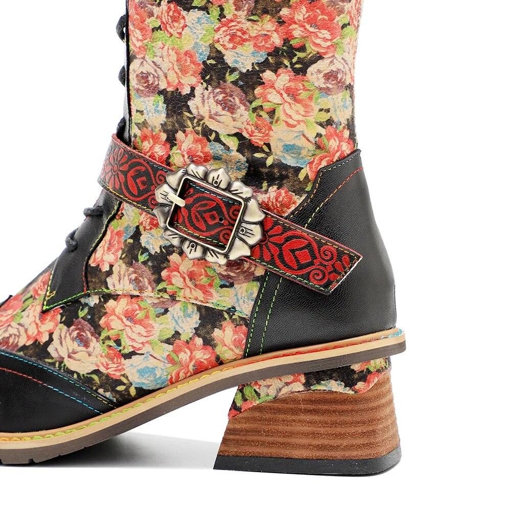 Johnature Handpainted Genuine Leather Women Long Boots Retro Floral Lace Up Belt Buckle Mid-calf Boots