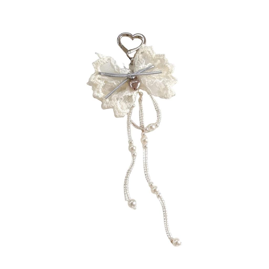 Elegant Pearls Lace Heart Keychain With Bowknot Charm And Tassels For Women Fashion Key HolderJewelry Gift