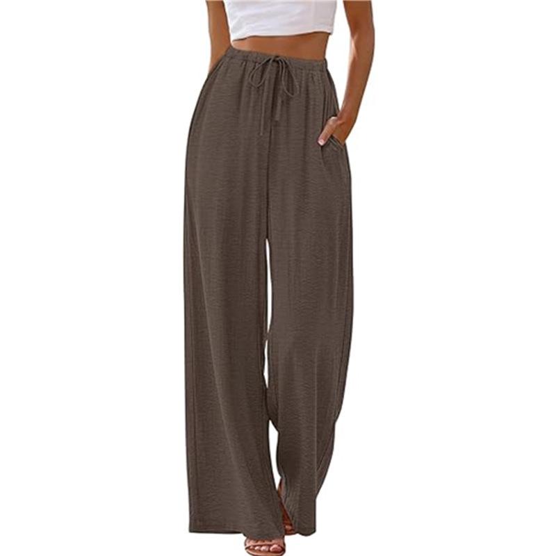 European & American Women's Casual Wide-Leg Beach Pants with Elastic Waistband & Pockets
