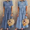 Women Denim Dress Short Sleeve Single-breasted Turn Down Collar Pockets Loose Maxi Dress for Office