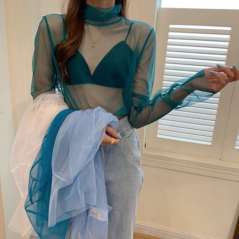 Inneres Basisshirt Elastisches Mesh Sonnenschutz-Top T-Shirt mit hohem Kragen Damen Western-Stil Spitze Transparent Super Fee