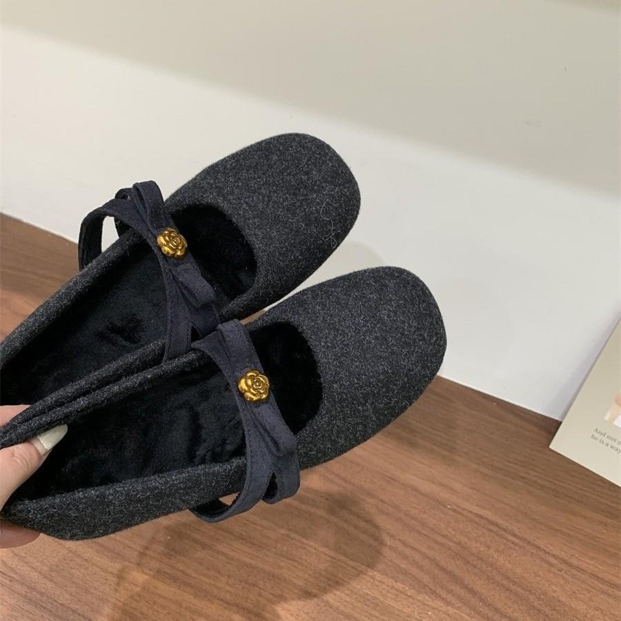 Xiaoxiangfeng Innensohle Erhöhung Mary Jane Schuhe Damen Herbst und Winter Runde Spitze Samt Warm Dicke Sohle Beanie Damenschuhe