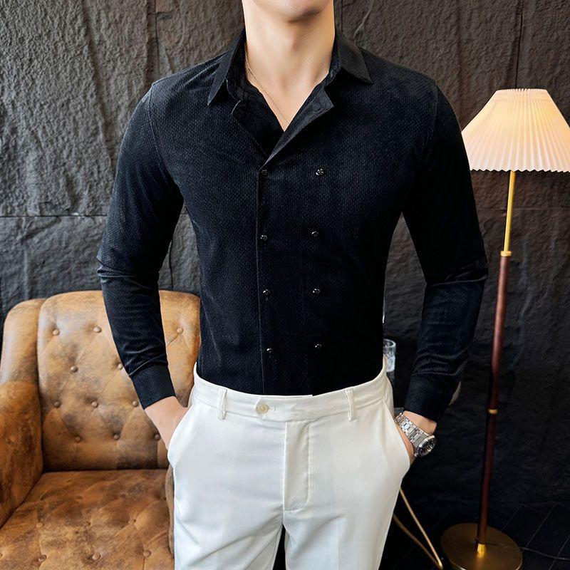 

Business Casual Solid Color Shirts Men s Clothing Double Breasted Spring Autumn Turn-down Collar Chic Slim Vintage Korean Shirts L чёрный
