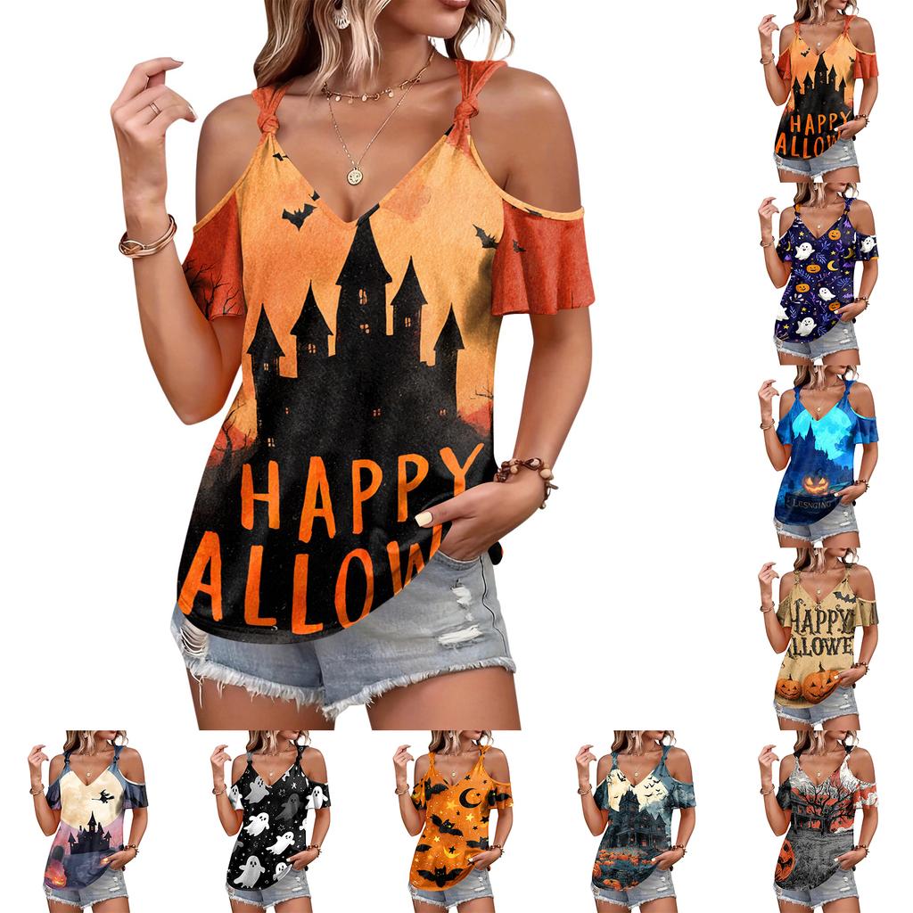 Women's Casual Halloween Print Tie Strap Cold Shoulder Short Sleeve T Shirt Lightweight Breathable Summer Top