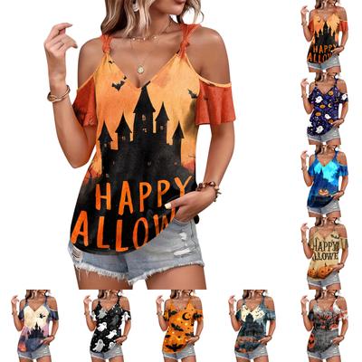 Women's Casual Halloween Print Tie Strap Cold Shoulder Short Sleeve T Shirt Lightweight Breathable Summer Top