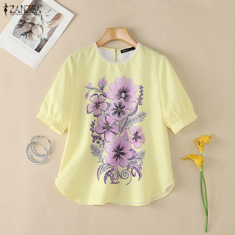 ZANZEA Women Casual Round Neck Floral Print Loose Short Sleeve Blouse