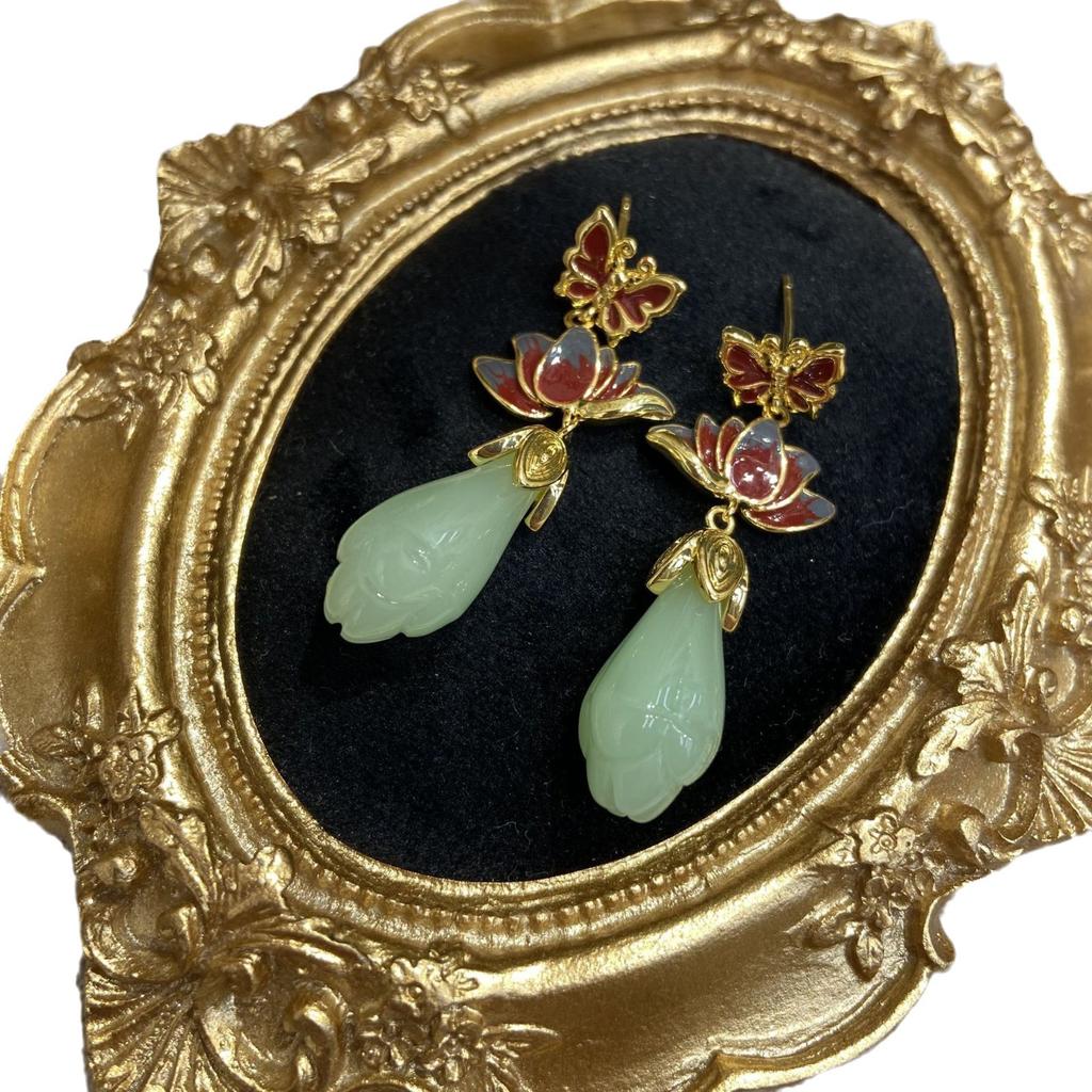 Aieryuan Guochao Copper-Plated Imitation Hetian Jade Enamel Drop Magnolia Flower Earrings, National Style Cheongsam And Ancient Style Earrings