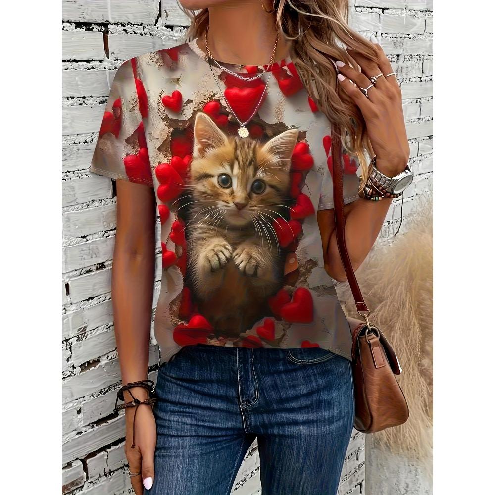 2025 New Summer Women's Black and White Swan Print T-shirt Round Neck Short Sleeve Street Casual Daily Basic Tops
