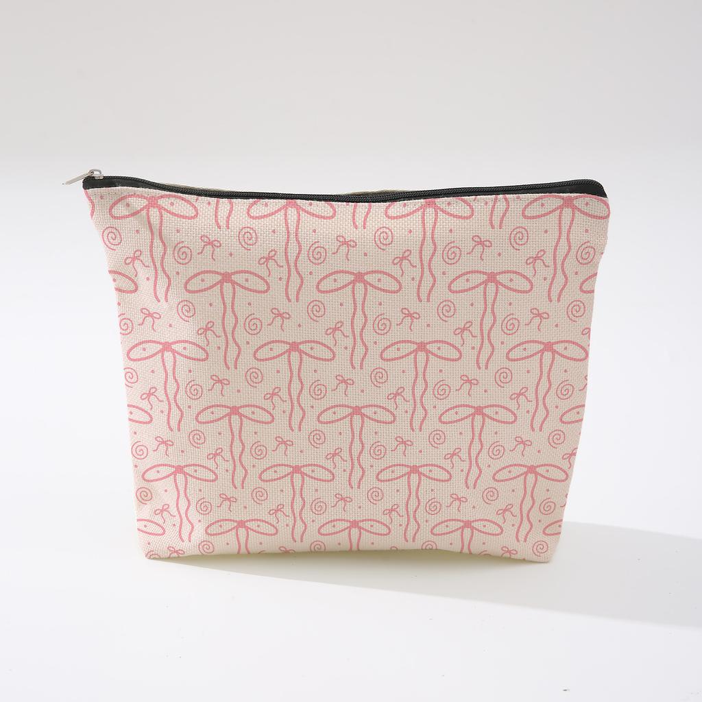 Pink Bowknot Zipper Storage Bag Travel Portable Wash Pouch Student Pencil Case Multi-Purpose Organizer for Women