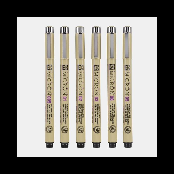 Feutres de précision - Sakura - Pigma Micron - 6 feutres - Pointe 0,2-0,5mm - Noir
