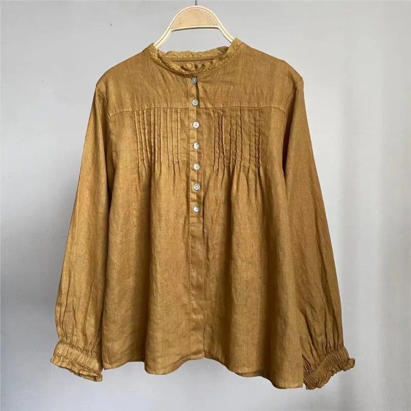 Johnature Frühling Frauen Shirts Tops Vintage Rüschen Casual Lose Plissee Feste Farbe Alle Spiel Frauen Blusen