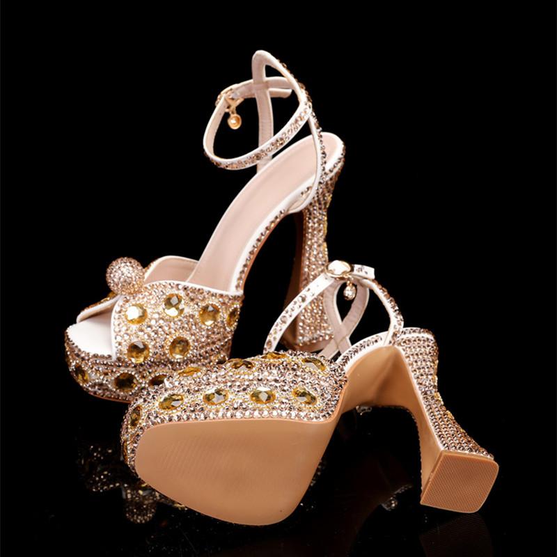 Fashion Luxury Handmade Full Rhinestones Peep Toe Women Sandals Fashion Crystal Platform Wedges High Heels Summer Wedding Sandals Shoes