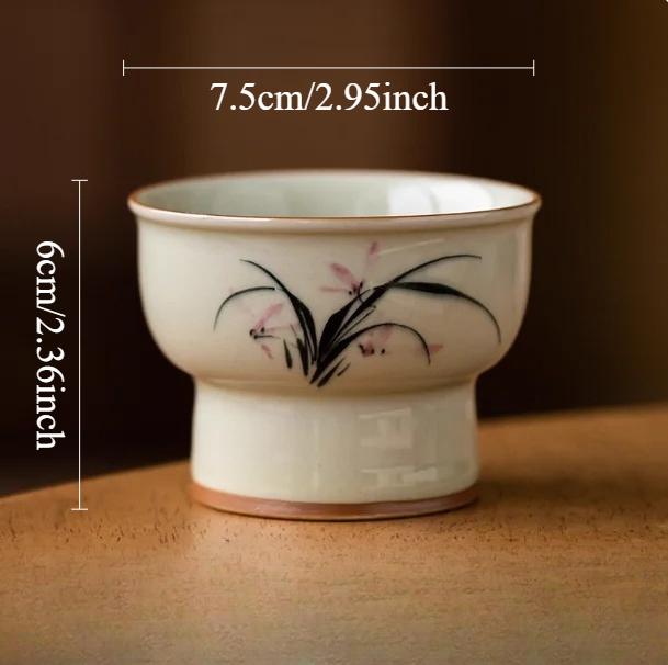 

Grass and Ash Hand-painted Orchid Ceramic High Footed Master Cup Single Kung Fu Tea Set Tea Tasting Cup High Footed Tea Cup 90