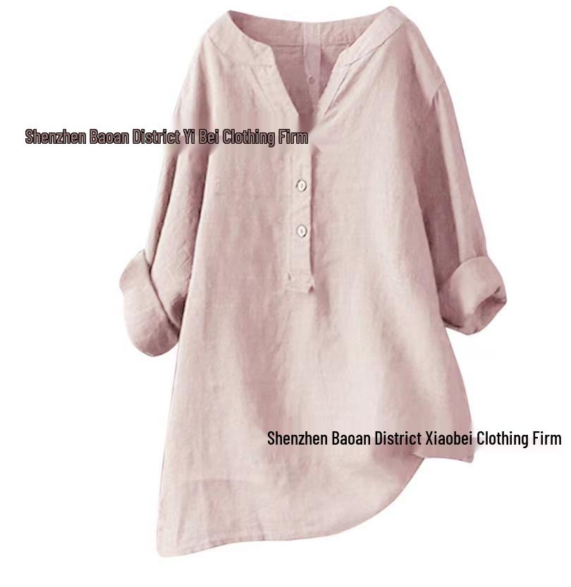 Europäisches und amerikanisches Damen-Top aus Baumwolle und Leinen, locker geschnitten, einfarbig, Modell 2021