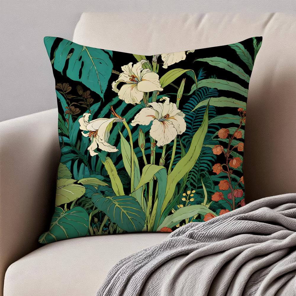 Floral illustration Cushion Cover Pillowcase Antidustmite Invisible Zipper Short Plush Sofa Cushion