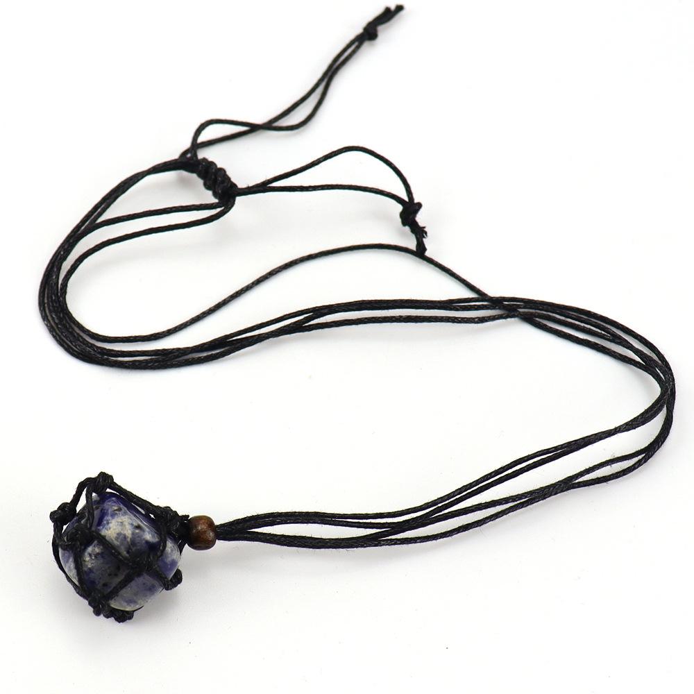 Handmade Black Rope Woven Natural Stone Crystal Rough Stone Mesh Pocket Adjustable Necklace Pendant N708