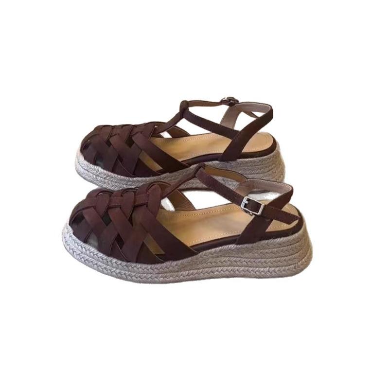 Summer New Breathable Versatile Single Shoes Bag Head Straw Thick Sole Cross Belt Hollow Fashion Sandals Women