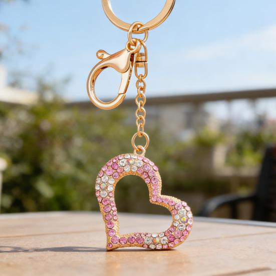 Keychain Pendant 3D Cartoon Heart Design Colorful Rhinestones Inlaid Key Chain with Lobster Clasp Key Ring Bags Accessories