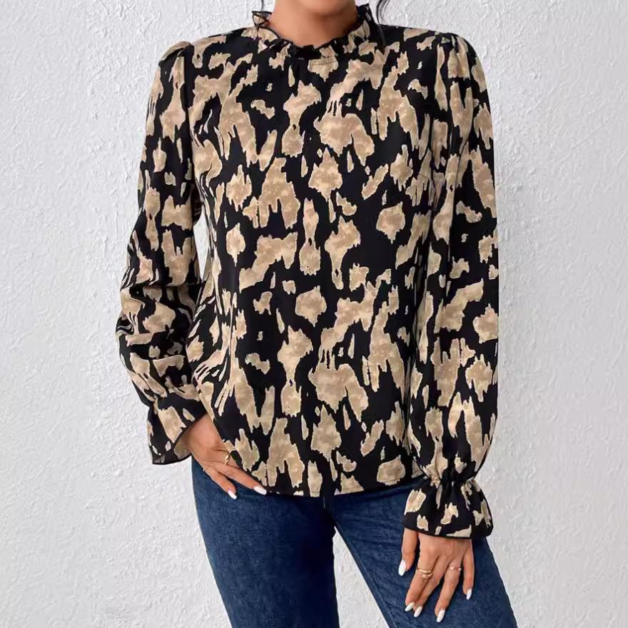 Damska, wiosenna, elegancka, drukowana bluzka z kołnierzykiem i rękawami w kształcie latarni