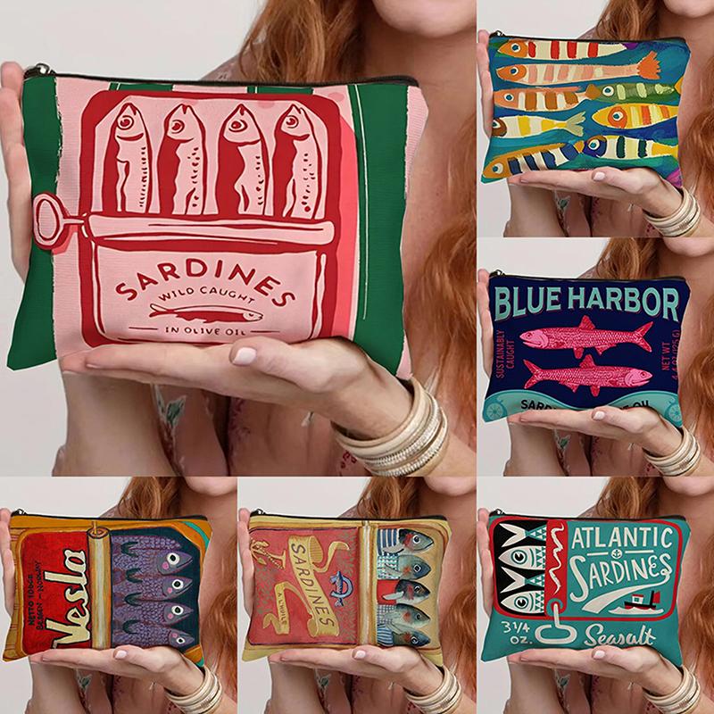 Vintage Canvas Cosmetic Bag Simple Large Capacity Makeup Bag Female Travel Clutch Toiletry Bag Retro Sardines Olive Oil Design
