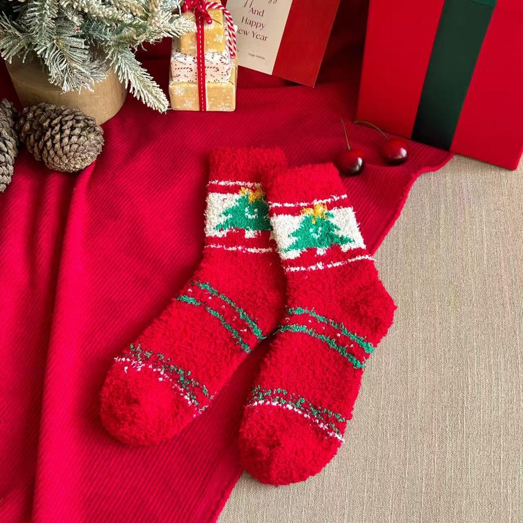 Damen Flauschige Cartoon Plüsch Weihnachtsstrümpfe - Warmer Korallenfleece, Nicht fusselnd, Gemütliche Schlaf-Boden-Socken