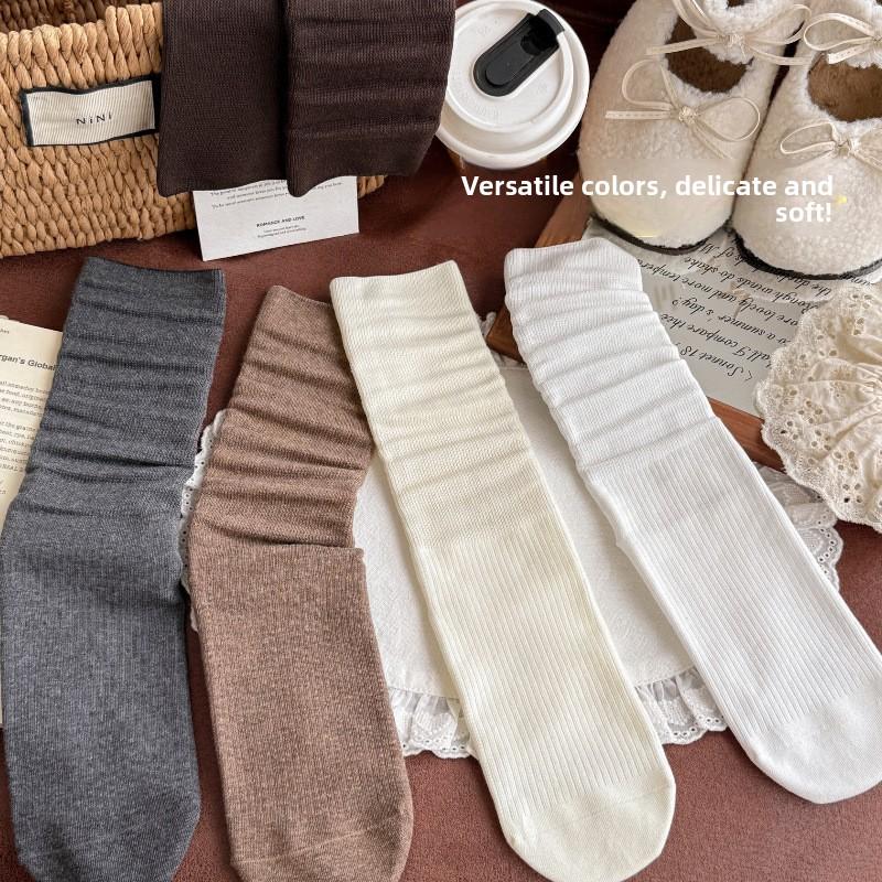 Women's Pure Cotton Autumn and Winter Extended Vertical Boneless Pile Socks Solid Color Versatile Mid-calf Socks Long Socks