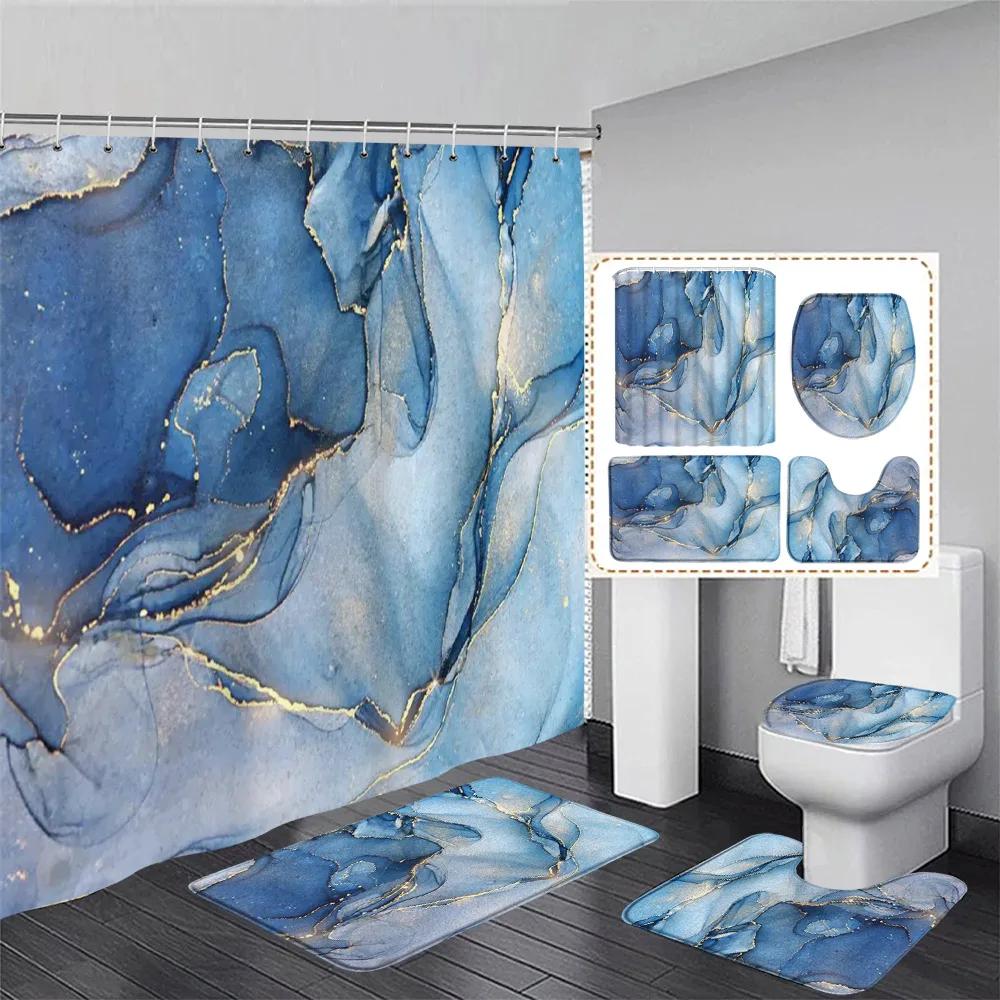Black Marble Shower Curtain Set White Lines Cracked Pattern Modern Geometric Bathroom Decor Non-Slip Rug Bath Mats Toilet Cover