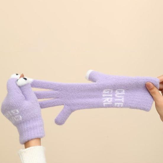 1 Pair Warm Plush Gloves Cutout Finger Tips Thick Plush Funny Cartoon Face Knitted Soft Elastic Anti-slip Warm Touch Screen Cycling Gloves