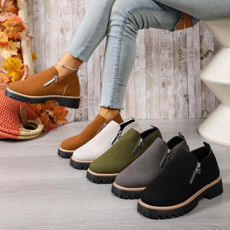 Large Size Round Toe Square Heel Side Zipper Fashion Boots Fall and Winter New Short Suede Patchwork Style Boots for Women