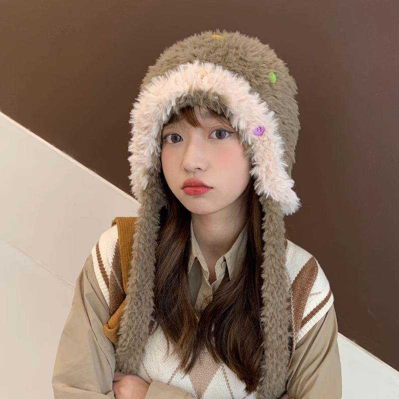 

Autumn and winter children cute versatile thickened warm plush hat show face small winter ear hat average size [small face √] хакі