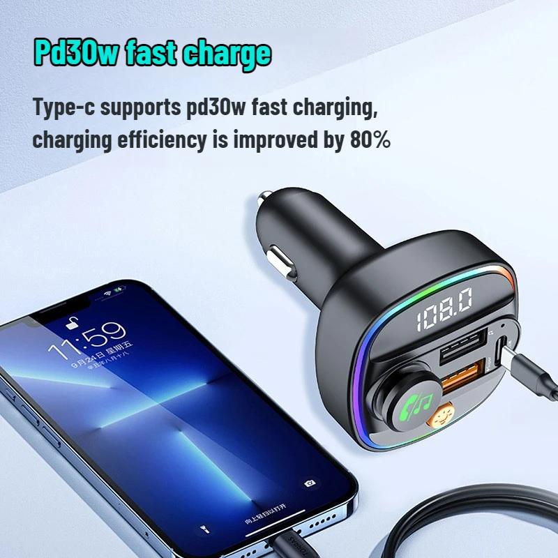 Bluetooth 5.3 FM Transmitter Handsfree Car AUX Radio Modulator MP3 Player with 22.5W & PD30W Fast Charge Adapter Car Accessories