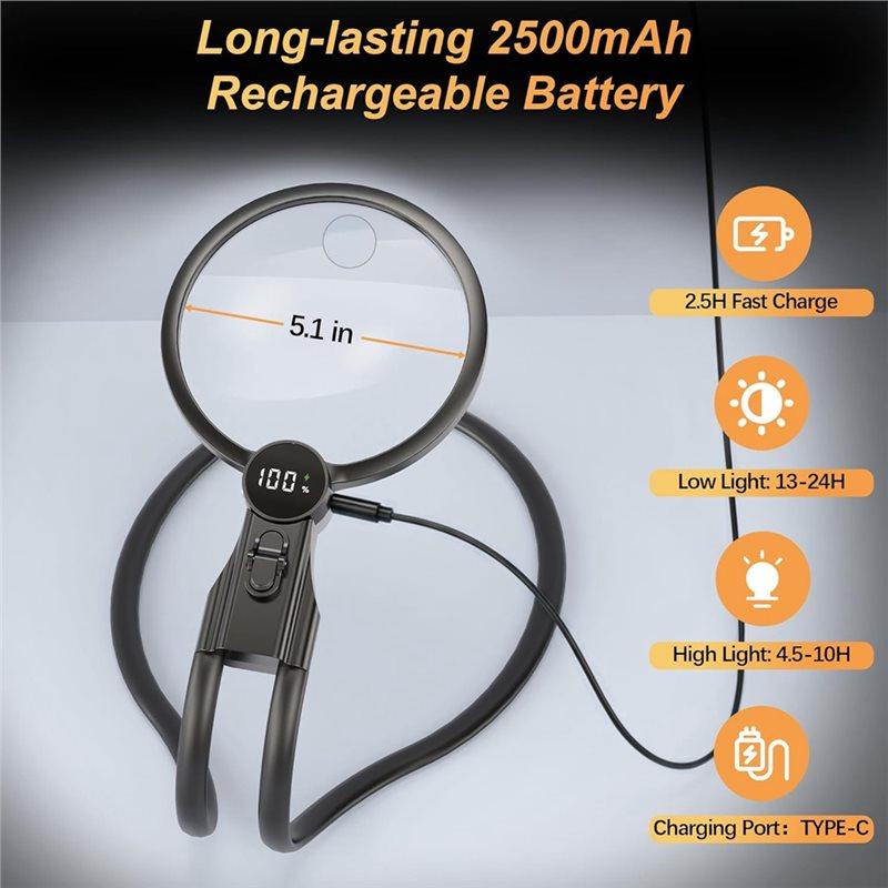 ABBP-Hands Free Magnifying Glass With Light, 2500Mah Flat Strap Neck Magnifier With LED Display & 3 Color Light