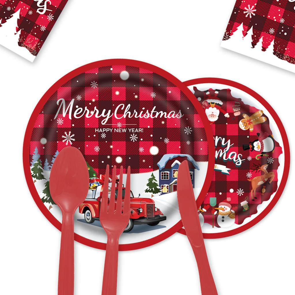 New Year Christmas Elk Theme Party Tableware Disposable Tableware Paper Plates Paper Cups Paper Towels Flag Christmas Tablecloth