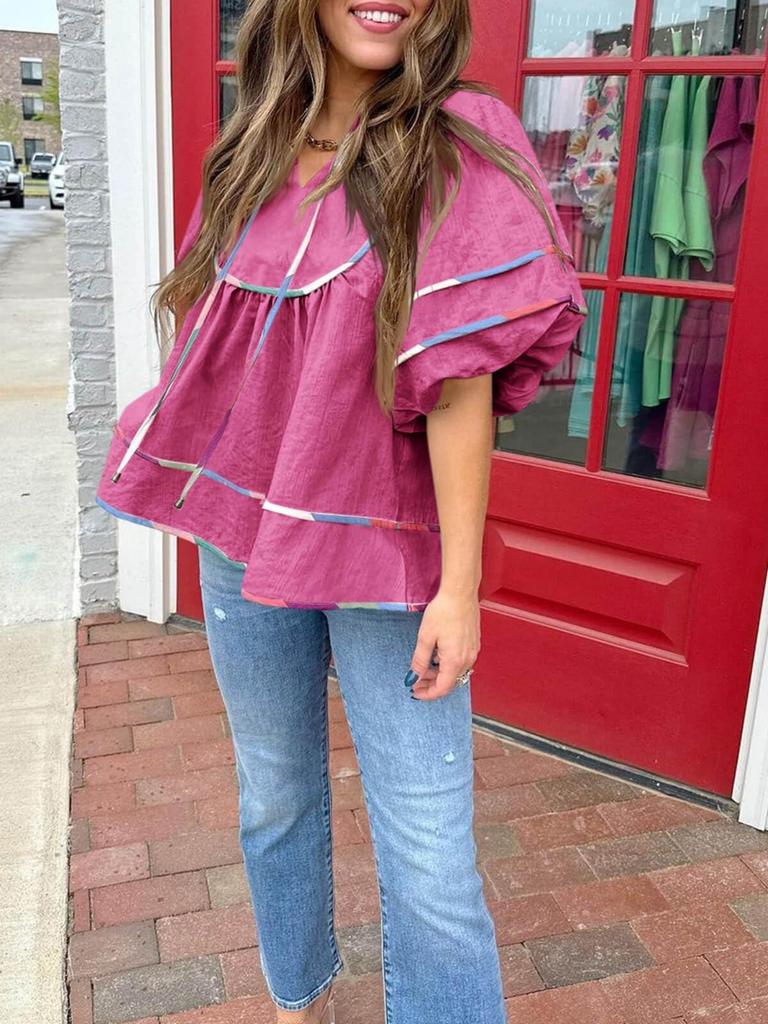 Women's Babydoll V Neck Blouse Short Lantern Sleeve Loose Peplum Flowy Top
