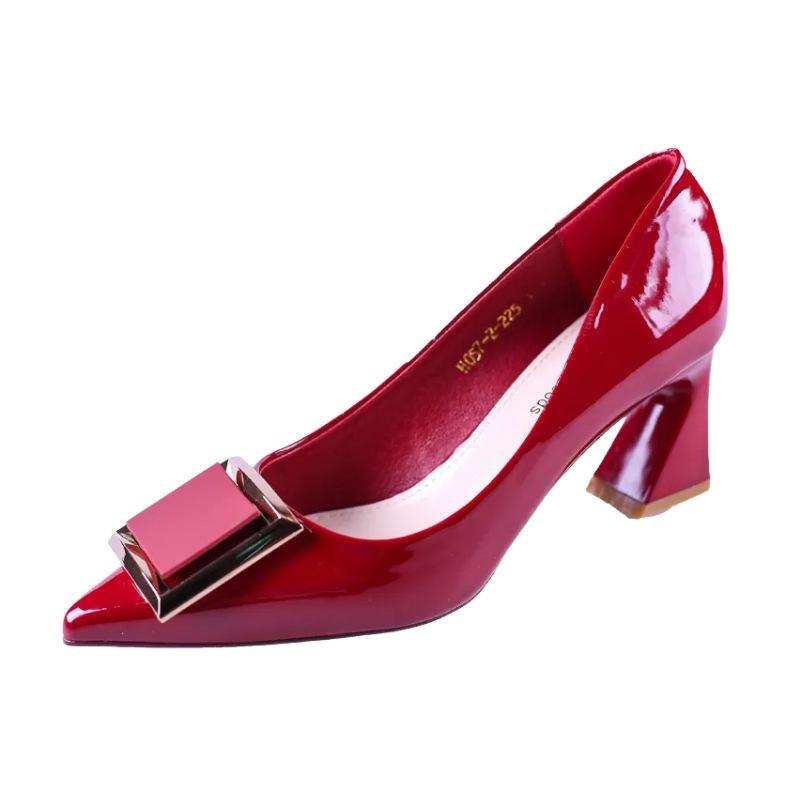 2025 New Thick Heel Pointed Head Light Mouth Patent Leather Single Shoes Commuter Red High Heels Wedding Shoes Work Shoes Square Buckle Women's Shoes