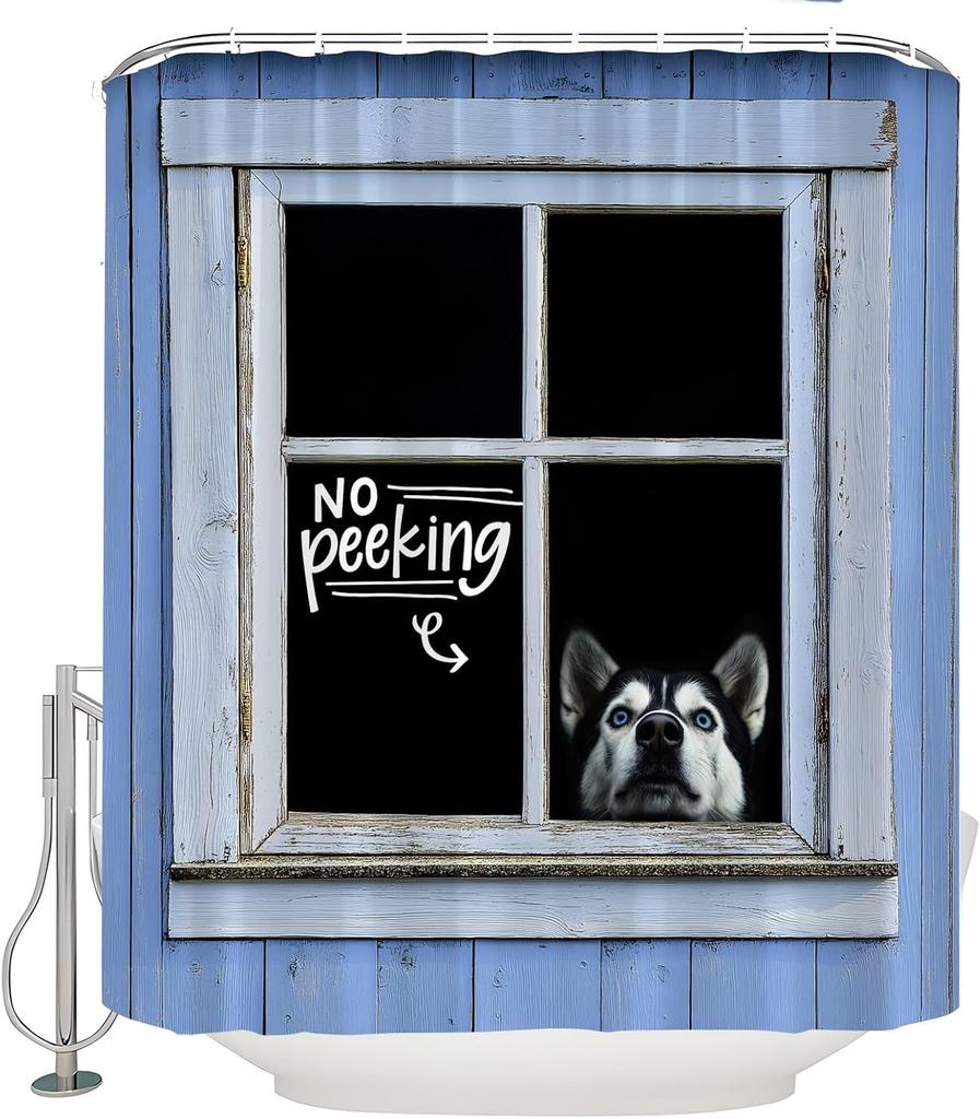 Lustiger Hund Duschvorhang Süßer Husky Hinter dem Fenster Rustikales Bauernhaus Holz Land Liebevolles Tier Haustierliebhaber Badezimmer Vorhang mit