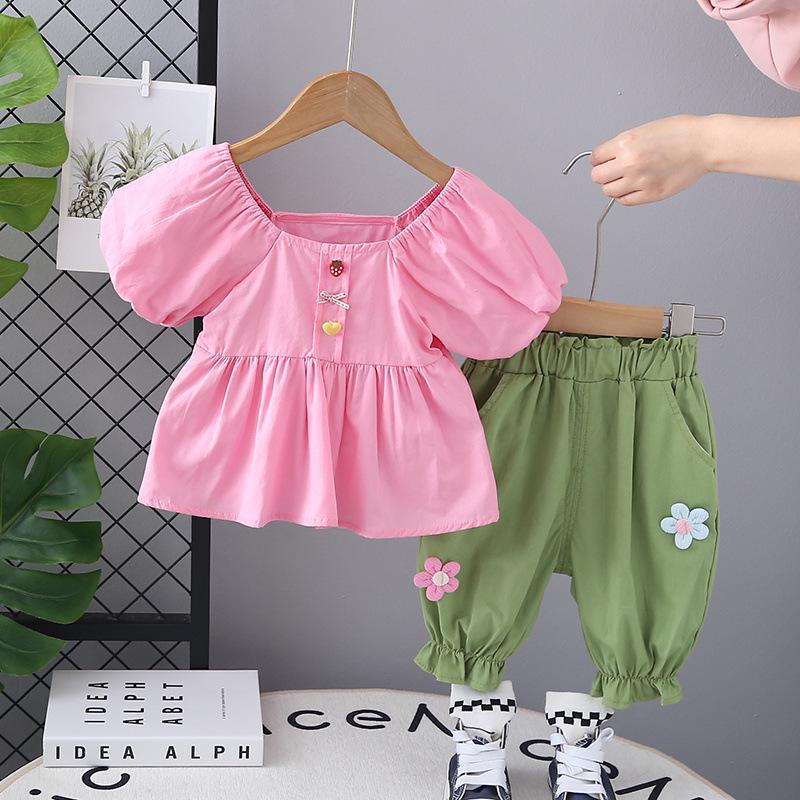 2025 New Korean Style: Puff Sleeve Floral Top & Shorts Summer Two-Piece Set for Baby Girls