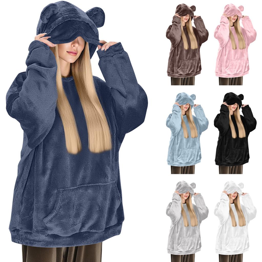 Women's Comfortable Furry Hooded Long Sleeve Sweatshirt With Eye Mask