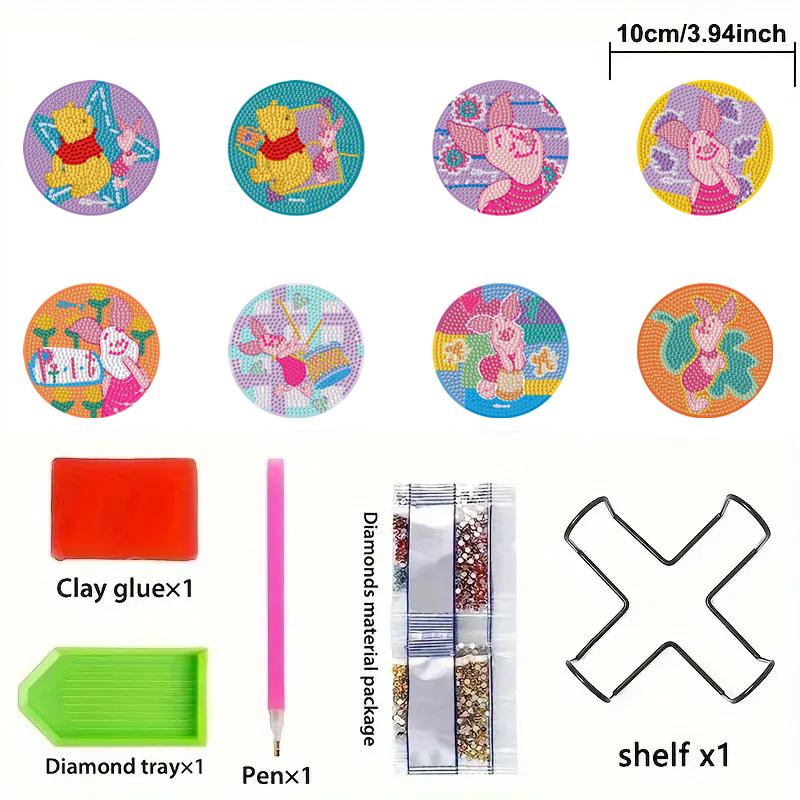 

8pcs/Set Cute Little Pig DIY Diamond Painting Coasters with Holder Anti Slip Wood Drip Mats Crystal Rhinestones Diamond Art Coasters for Adults