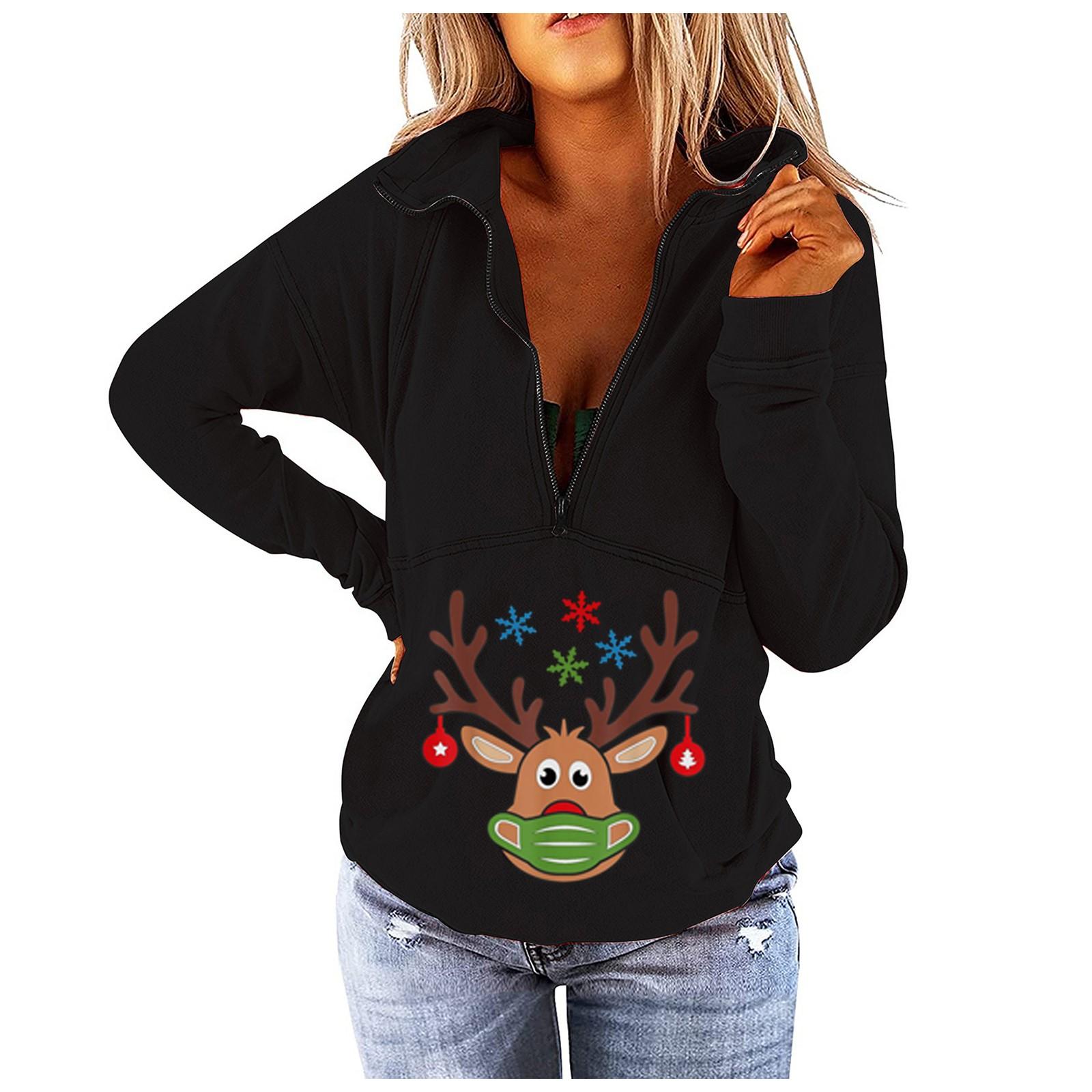 

Никитас Женская мода Рождественский принт Санта Топ с длинными рукавами и застежкой-молнией