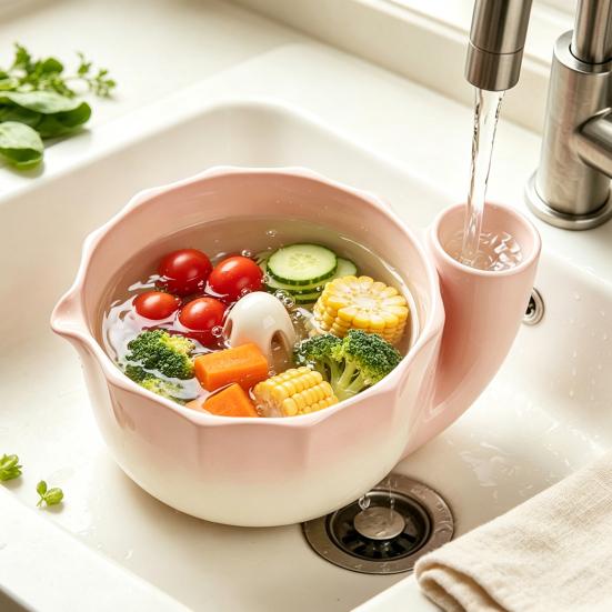 Multifunctional Kitchen Basin Ceramic Berry Bowl with Strainer Holes, Self-Spinning Vortex Design, Fruit Washing Rinse for Berries Vegetables Colander