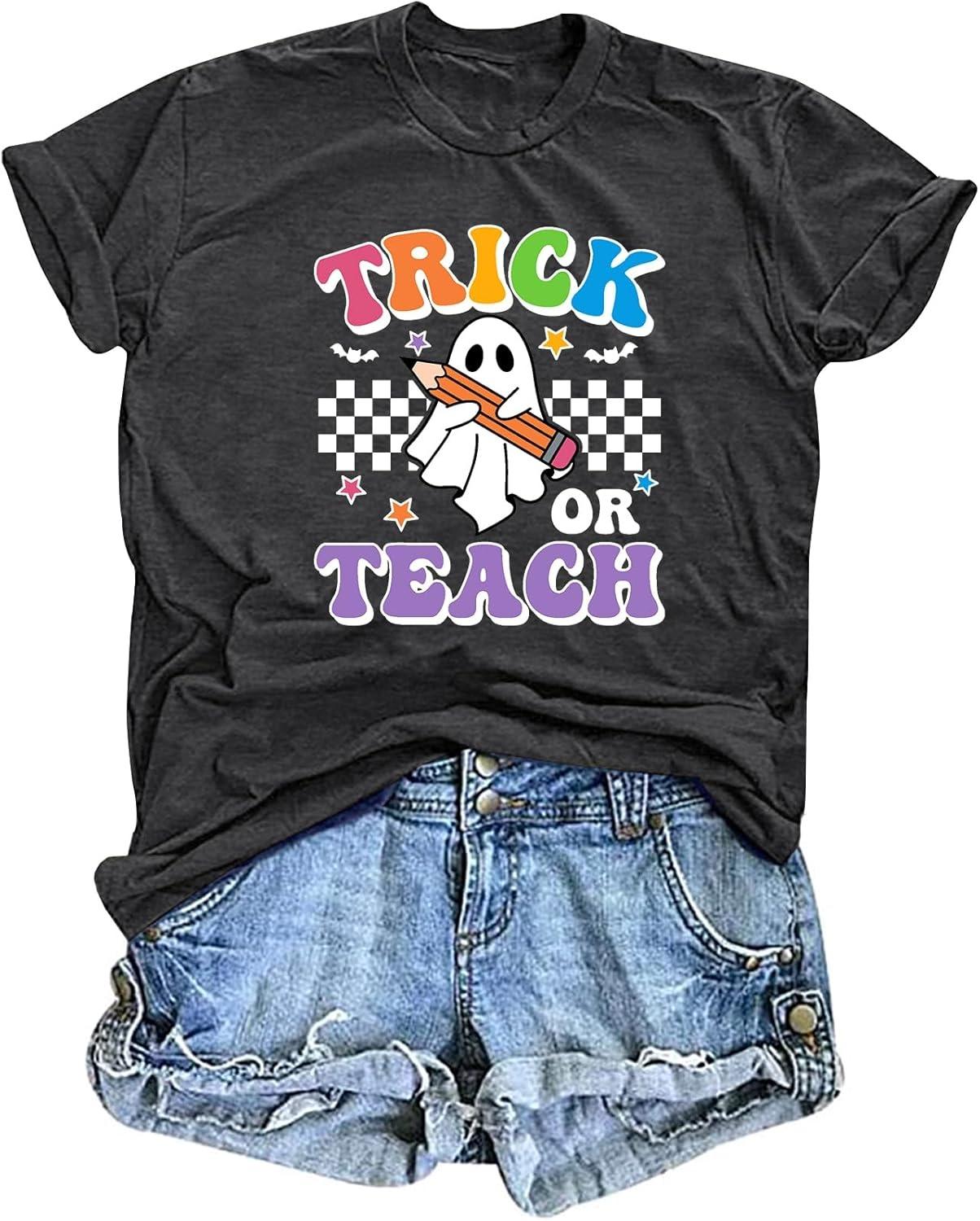 Teacher Halloween Shirt for Women Trick or Teach Tees Halloween Ghost Graphic Tops Fall Blouse T-Shirts S