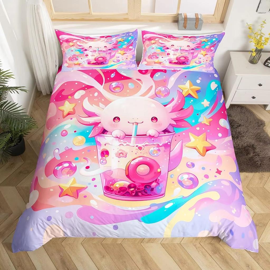 Karton Axolotl Weiches Bettbezug-Set Süßes Salamander-Bettwäsche-Set Kawaii Tierdecke Warme Deckenbezug für junge Jungen junge Mädchen Frauen Schlafzimmer Dekor
