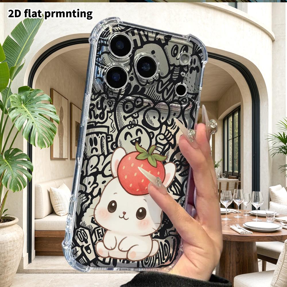 Phone Case: 2D Flat Suitable for iPhone 18 17 16 15 14 13 Pro, Transparent Four Corner Protective Case, Strawberry Little Bunny, Christmas and Hallowe