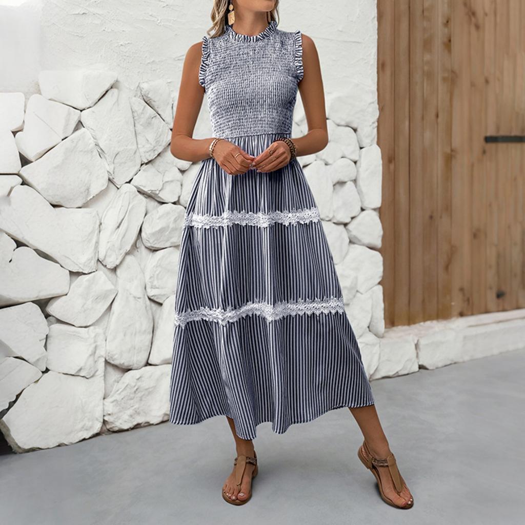 New Sweet Casual Lace Ruffled Trim Sleeveless Striped Summer Dress
