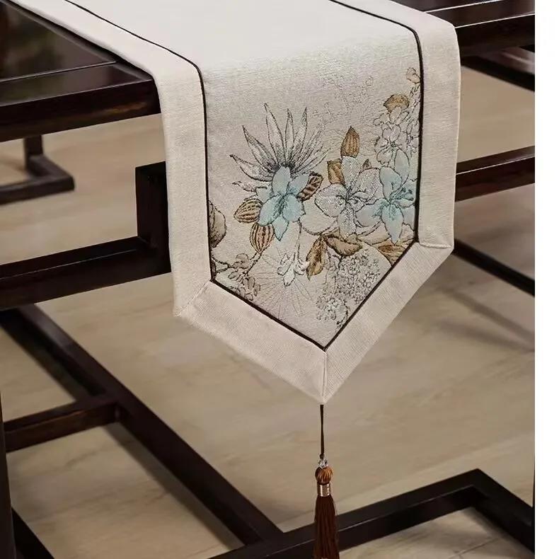 Chinese Style Table Runner Luxury Cotton Linen Jacquard Table Runners Decorative Bed Runner Classic Table Flag Living Room Hotel