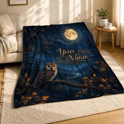 Personalized Moonlit Owl Forest Coral Fleece Blanket