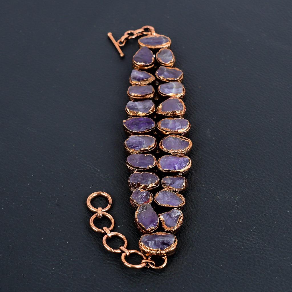 Amethyst Cuff Bracelet Real Gemstone Bangle, Copper Electroformed Bracelet Handmade Jewelry, Adjustable Bangle For Gift Women Jewelry