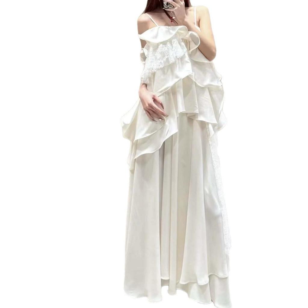 White Irregular Lace Ruffle Camisole Dress