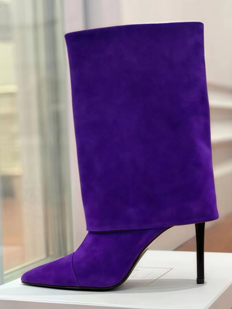 EU/US Suede Mid-Calf Boots - Pointed Toe Stiletto Heels Solid Color Over Pants Boots for Women Office Chic Winter Footwear